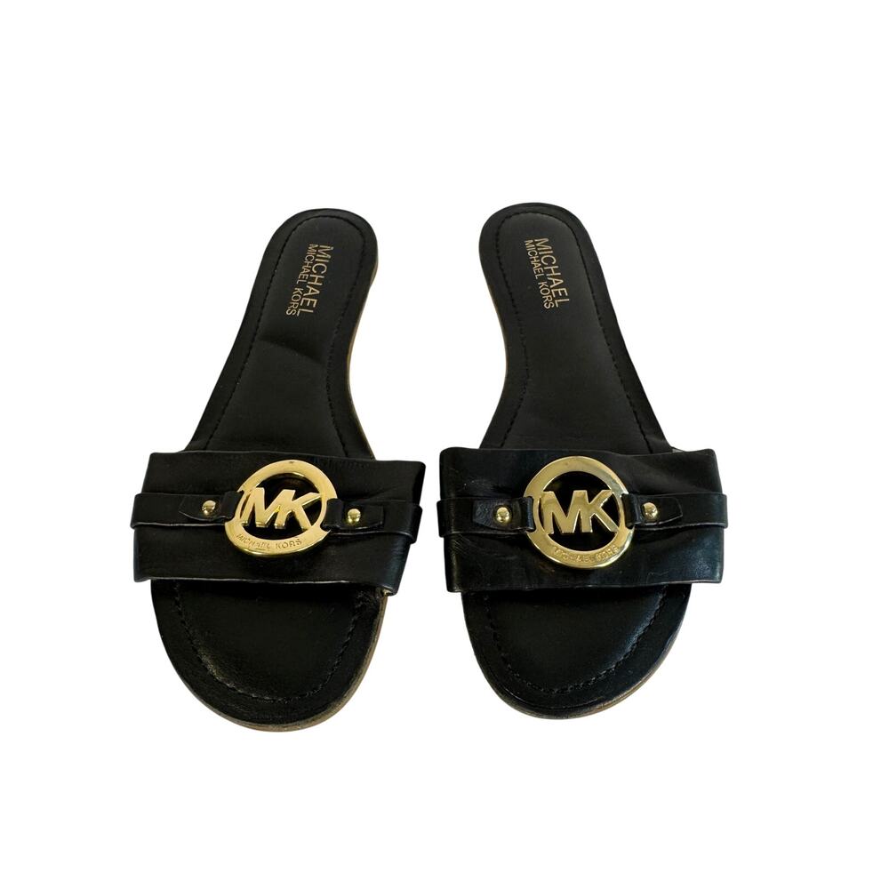 Michael Kors Black Leather Logo Slide Sandals Size 6 Gold MK Hardware